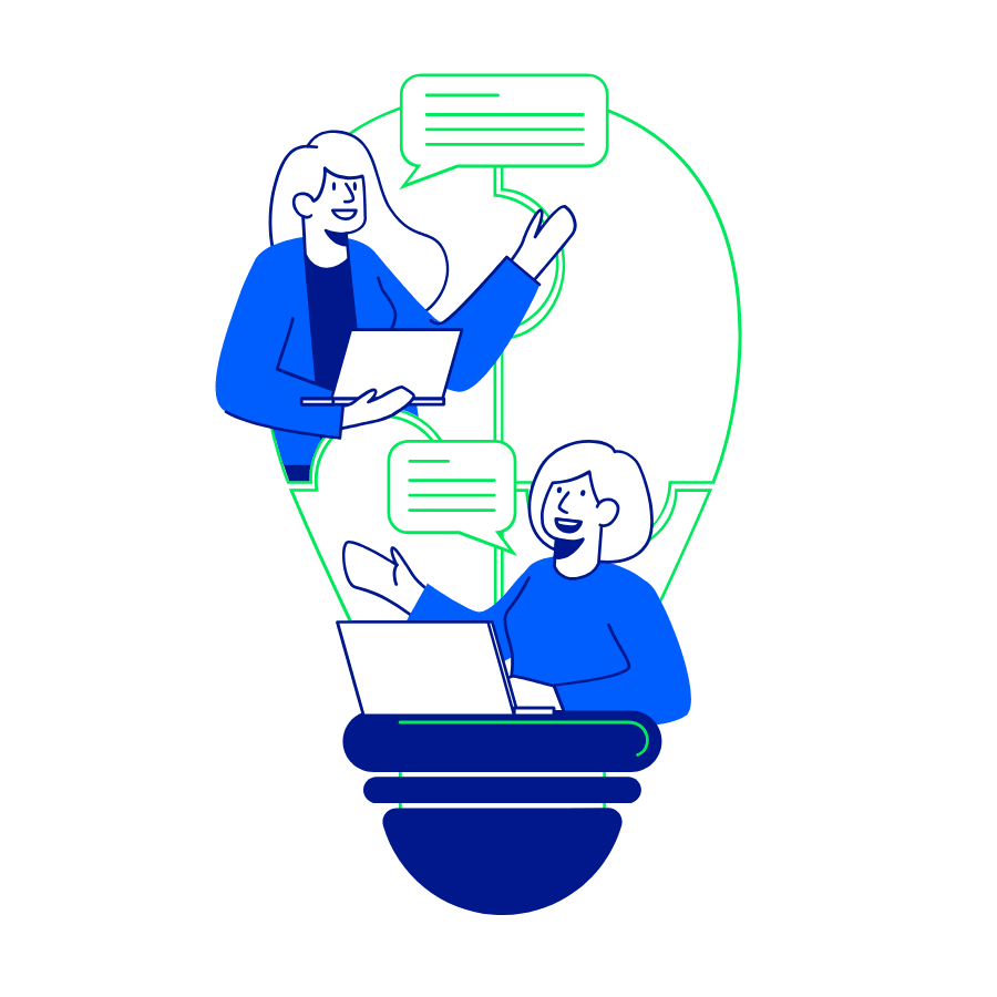 Two illustrated figures discussing with speech bubbles, one standing with documents and the other seated with a laptop, inside a lightbulb outline.