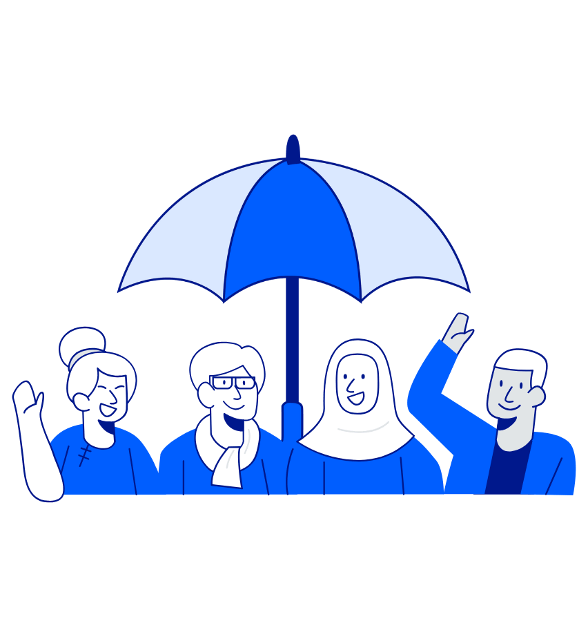 Four diverse individuals smiling and waving, standing under a large blue and white umbrella, symbolising unity and protection.