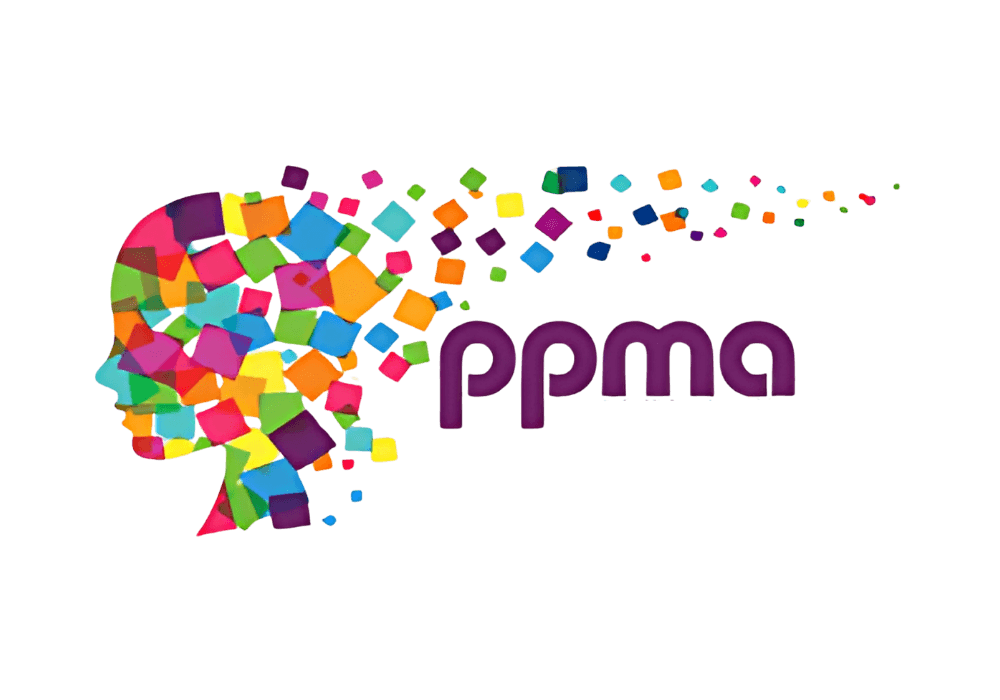 Multicoloured geometric shapes form a human profile with the letters "ppma" in purple, blending into a burst of shapes.