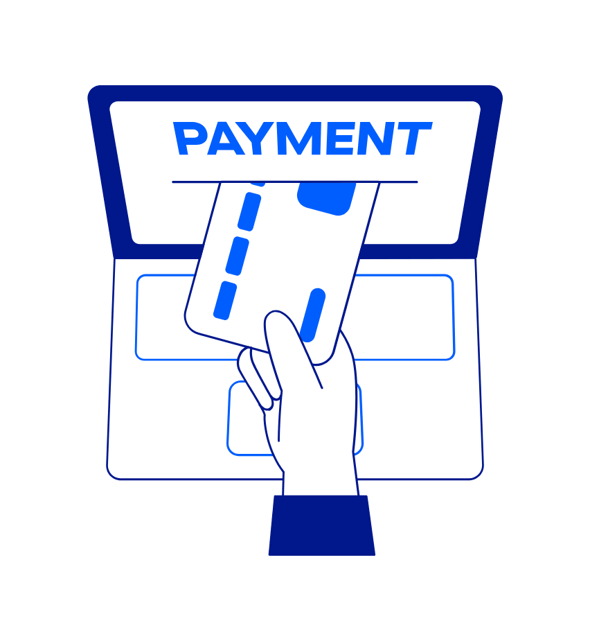 Hand holding a payment card towards a laptop screen displaying the word "payment", representing payroll solutions.