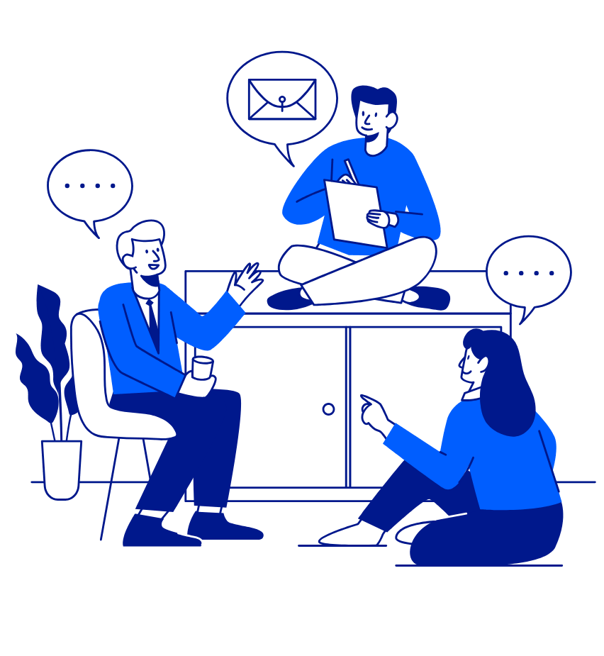 Three people in a blue-themed illustration are having a casual discussion, with speech bubbles and a message icon above them.