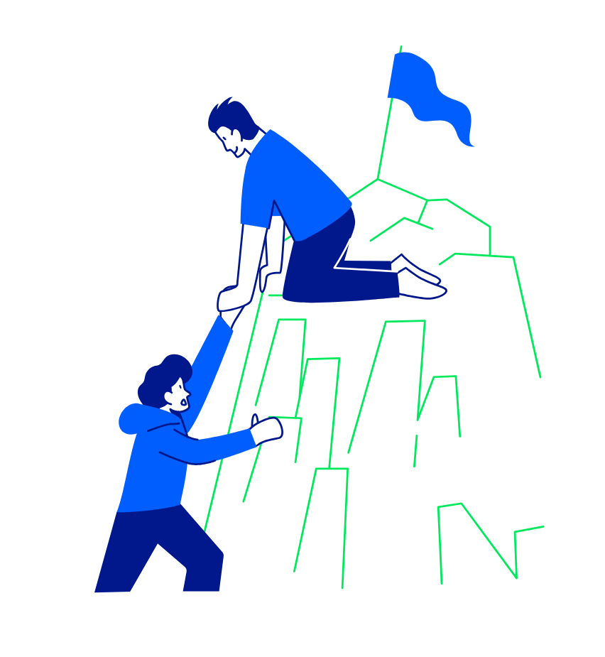 Two figures in blue climbing a stylised mountain, with one helping the other up. A flag is visible at the peak.