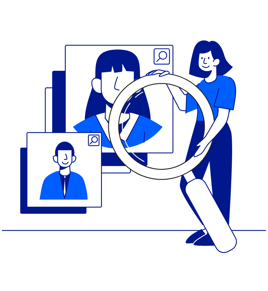 Illustration of a person holding a magnifying glass, examining profile pictures, symbolising online search candidates in a talent pool.