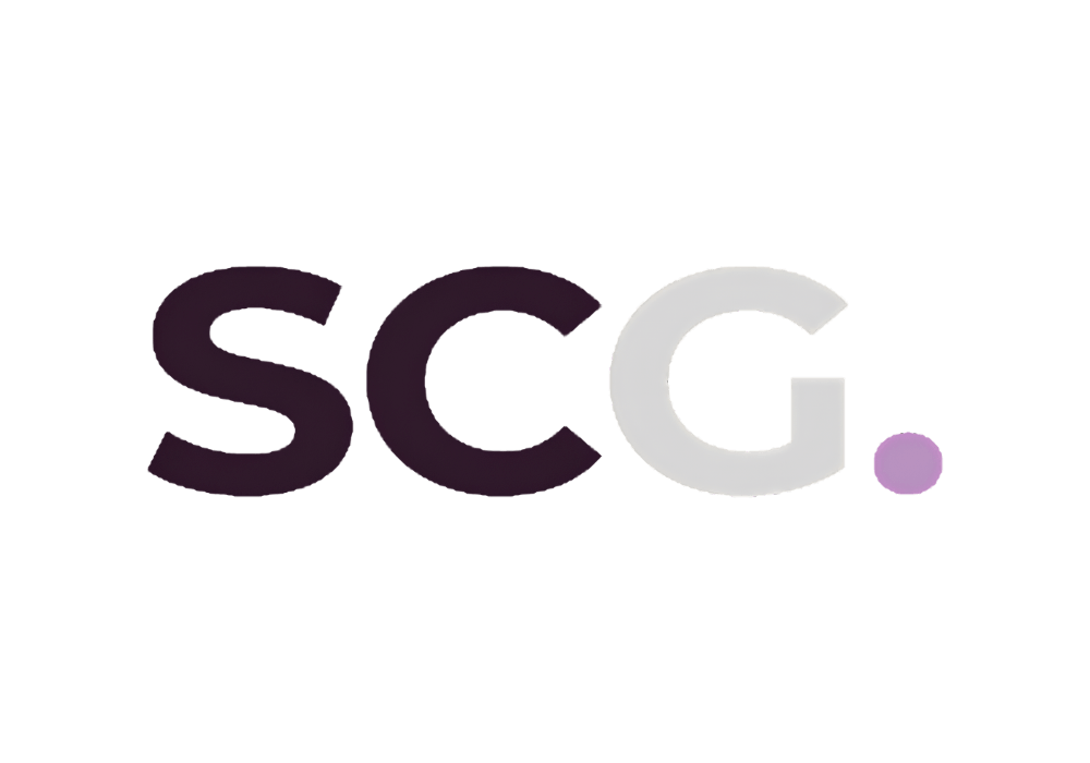 The image displays the letters "SCG." in bold, with a dot in a lighter shade of purple against a white background.