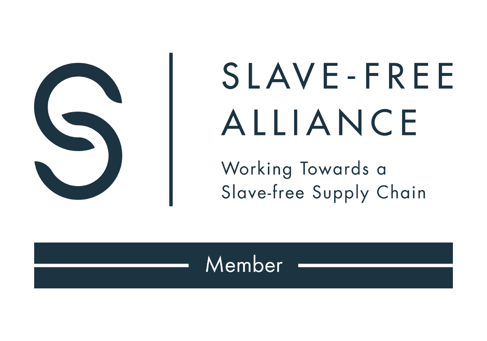 Logo of Slave-Free Alliance with the slogan "Working Towards a Slave-Free Supply Chain" and a member designation.