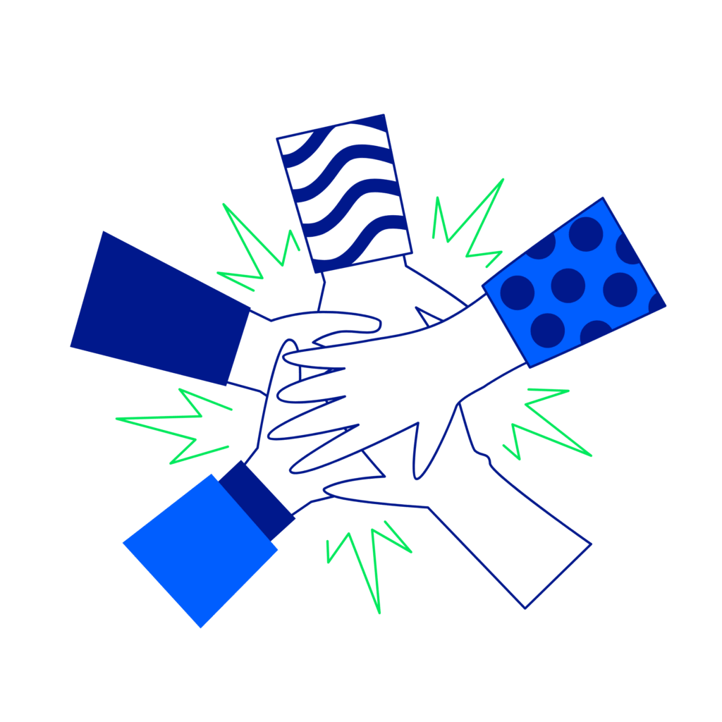 Five stylised hands in different patterns joining together in a circle, symbolising teamwork and unity, with green lines emanating from the centre.