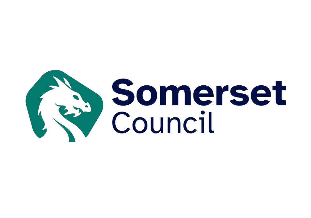 Somerset Council logo featuring a stylised dragon silhouette in turquoise alongside the council name in blue text.