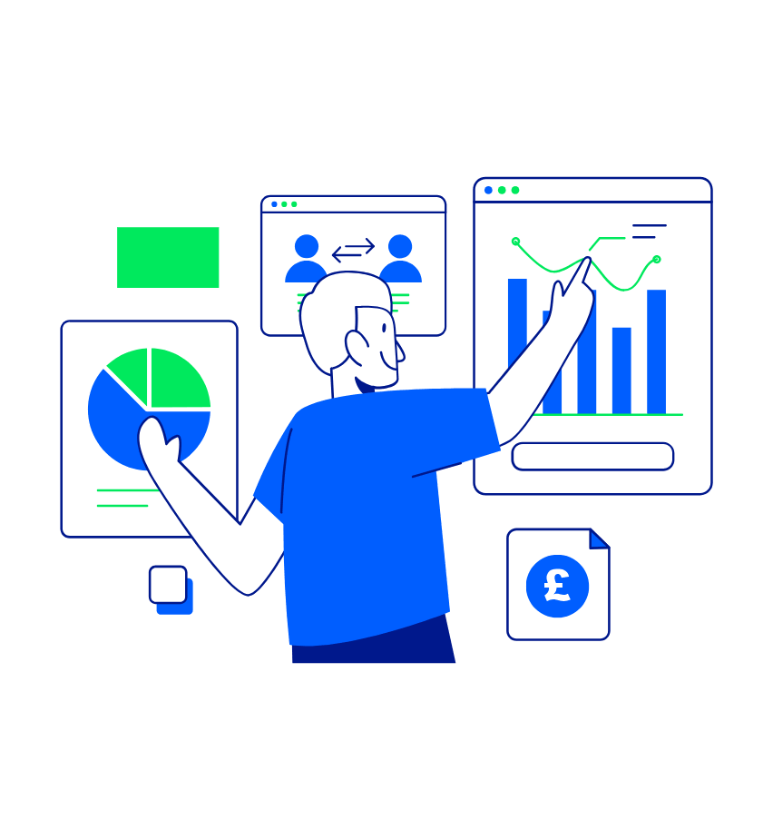 A person analysing graphs and pie charts on screens, representing data analysis and financial insights, indicating statement of work delivery.