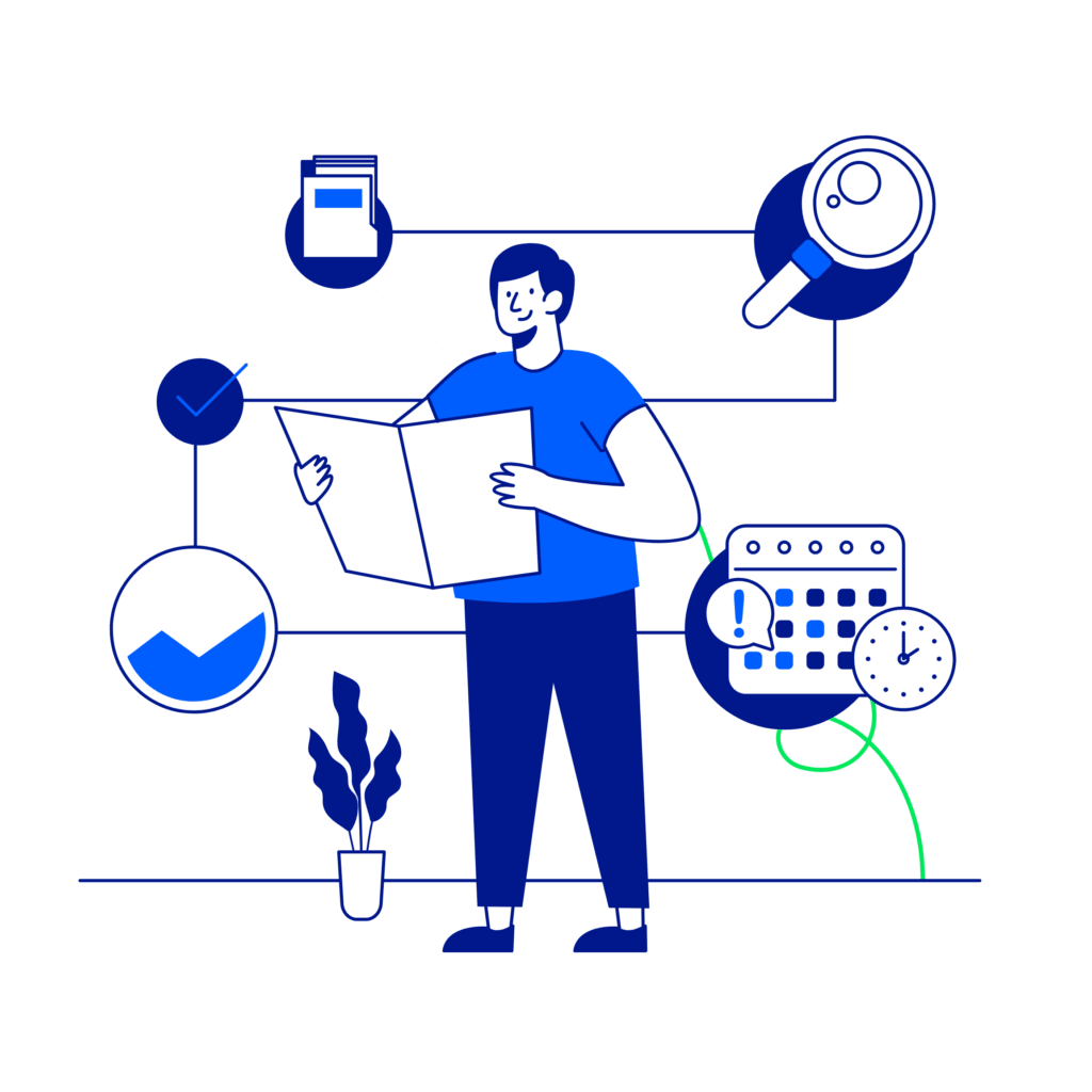 A person reading a document surrounded by symbols of a calendar, magnifying glass, check mark, and a plant. Representing Matrix and the Total Workforce Management model that connects all the key stages of the employment lifecycle.