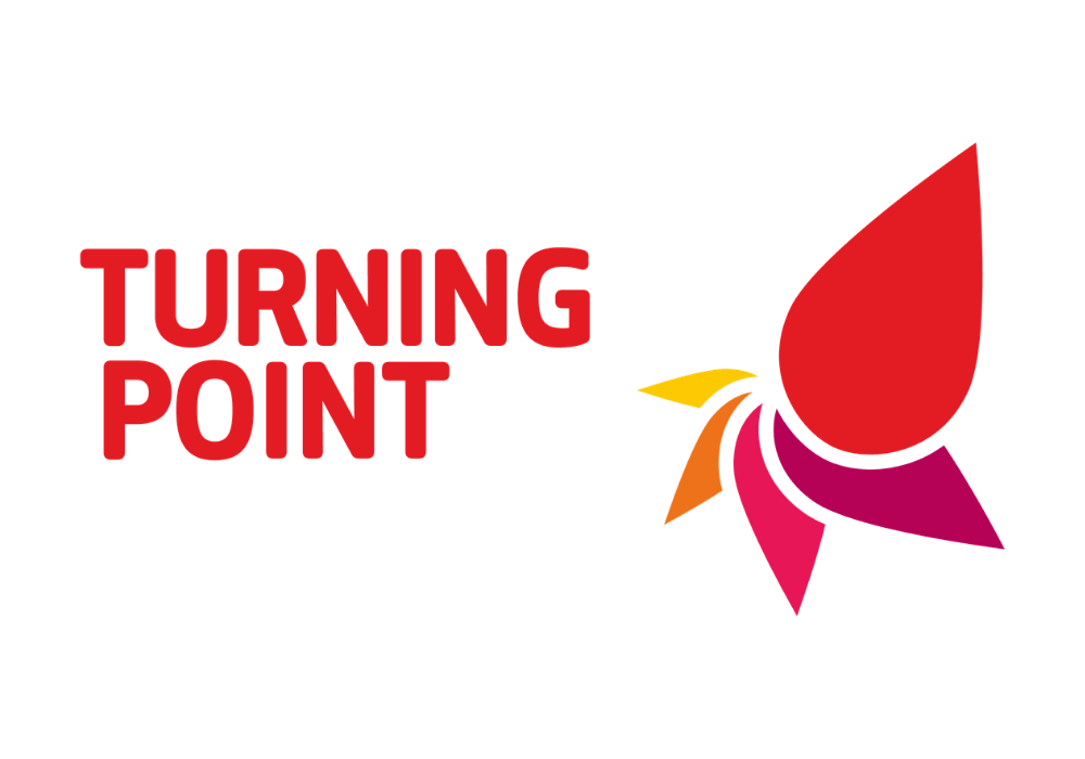 Red and orange stylised logo with the text "Turning Point" next to a multi-coloured abstract shape resembling a spiral or flower petal.