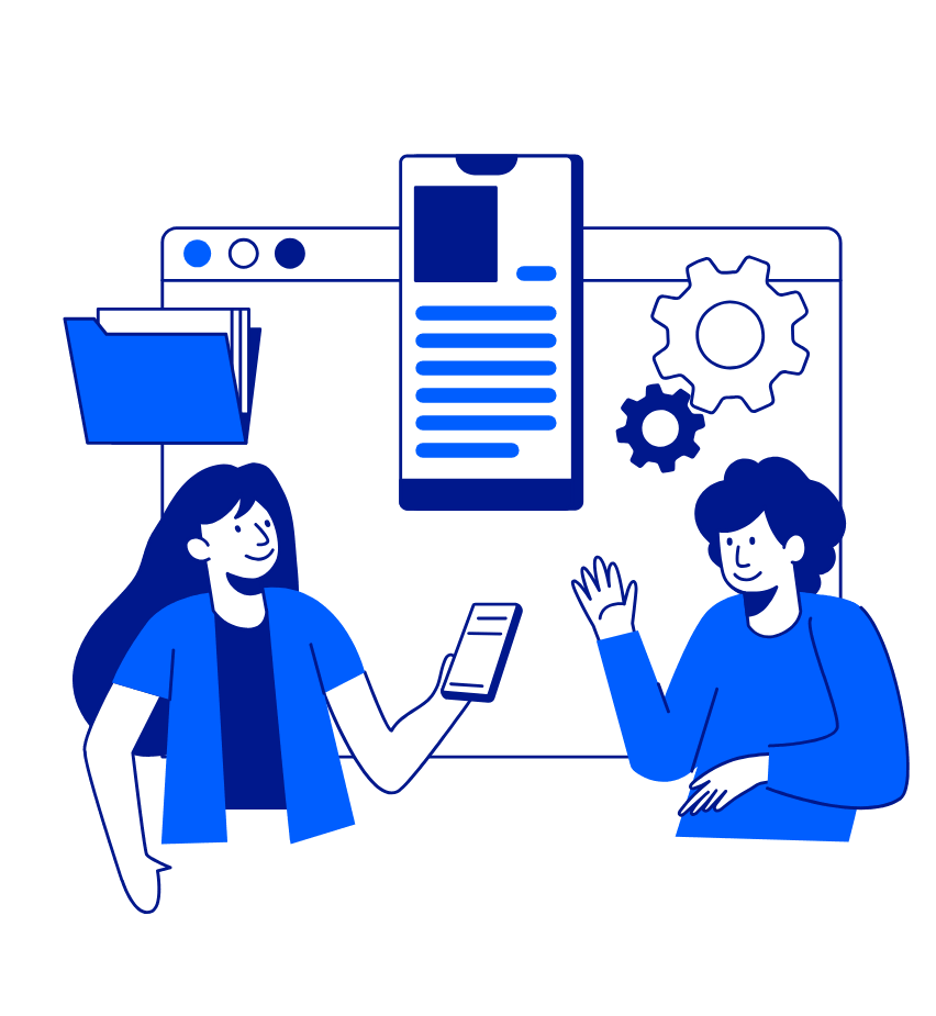Two people interact cheerfully with digital devices and gears, symbolising vendor management system  technology and teamwork.