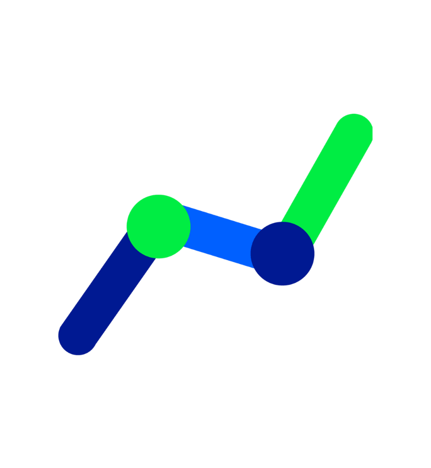 Abstract geometric design with overlapping blue and green lines and circles forming an angular, zigzag pattern on a white background, the Matrix Milestone Icon.