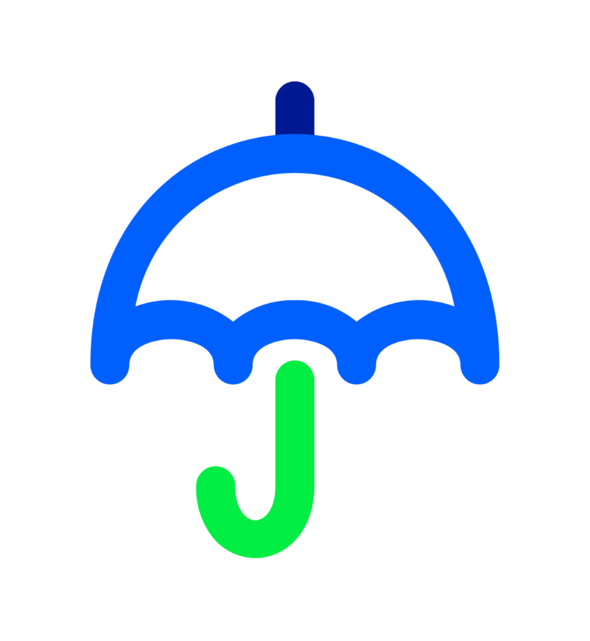 Blue and green umbrella icon with a curved handle, symbolising protection, the Matrix Umbrella Icon.