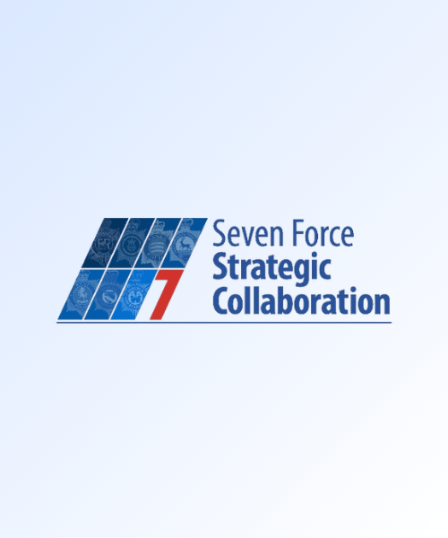Logo for Seven Force Strategic Collaboration, featuring a slanted grid of blue panels with faint emblem watermarks and a red "7," beside the company name in blue text with "Strategic Collaboration" in bold.